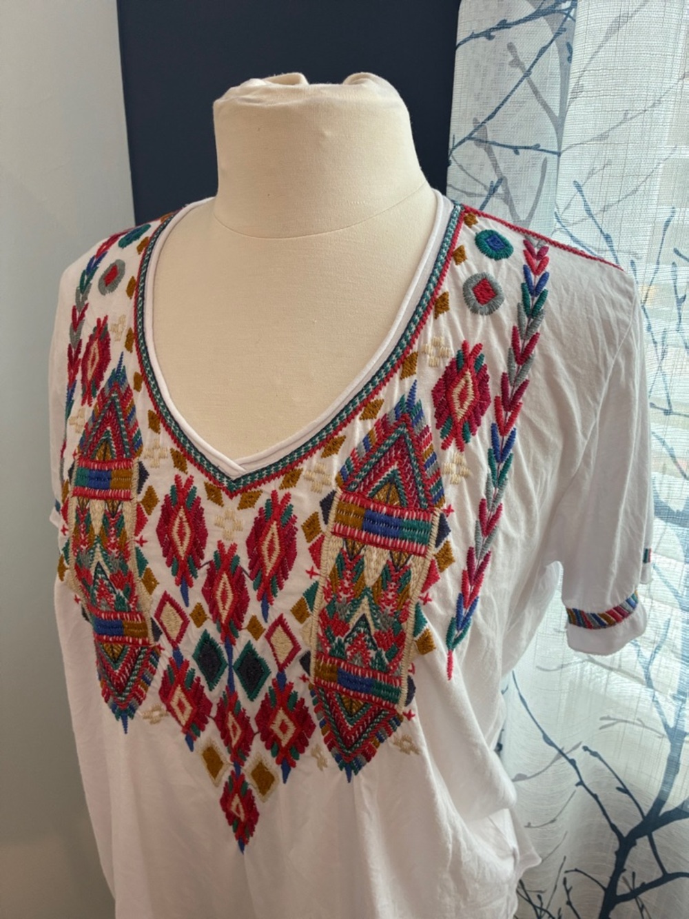 Johnny Was Embroidered V-Neck Tee
